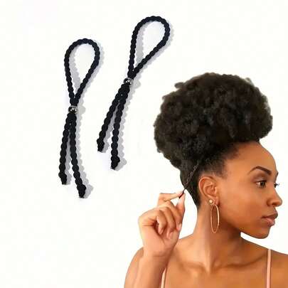 2条黑色发圈，高弹力发绳，纯黑色可调节发带，适用于马尾辫，自然卷曲，弹性设计，加厚无缝发圈，适合女性和女孩，不伤发，适合浓密卷发，发饰，头饰，橡皮筋，健身运动发圈，头饰，橡皮筋，美妆家居发饰