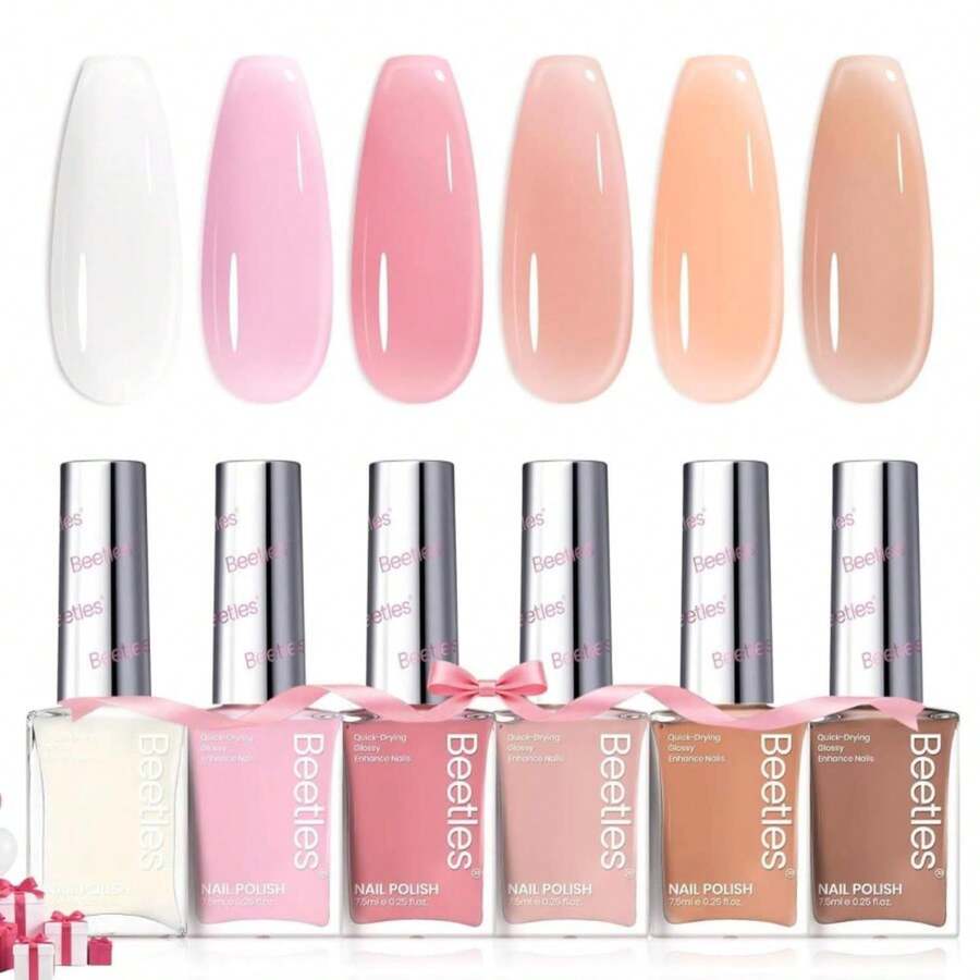 Beetles Jelly Nail Polish Set,6 Colors Pink Nude Jelly Quick Dry Nail Polish Fingernail Fast Drying &Amp; Long Lasting Nail Strengthener Polish Gifts For Women - Màu E - Xem 1