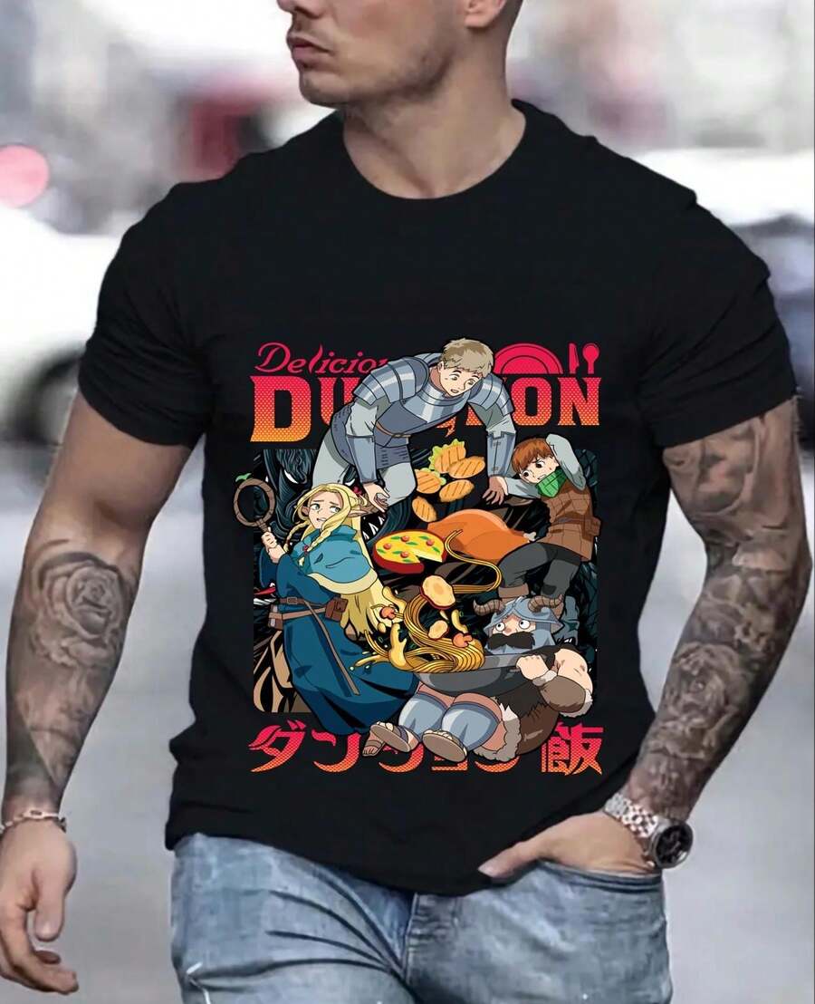 Unisex's Pure Cotton Anime T-Shirt, Valentines Gifts For Boyfriend, Y2k, 2000s Style, Laios Touden Dungeon Meshi T-Shirt For Delicious Anime Enthusiasts Regular Fit, Soft And Lightweight, Machine Washable, Cat&Dogs' Lovers, Must-Have For Fashion Enthusiasts, Perfect Holiday Gift For Men And Women, Streetwear Short Sleeve Round Neck Top Gift For Fans, Girlfriend, Boyfriend, Husband, Valentine's Day, St Patrick's Day - 黑色 - 查看 1