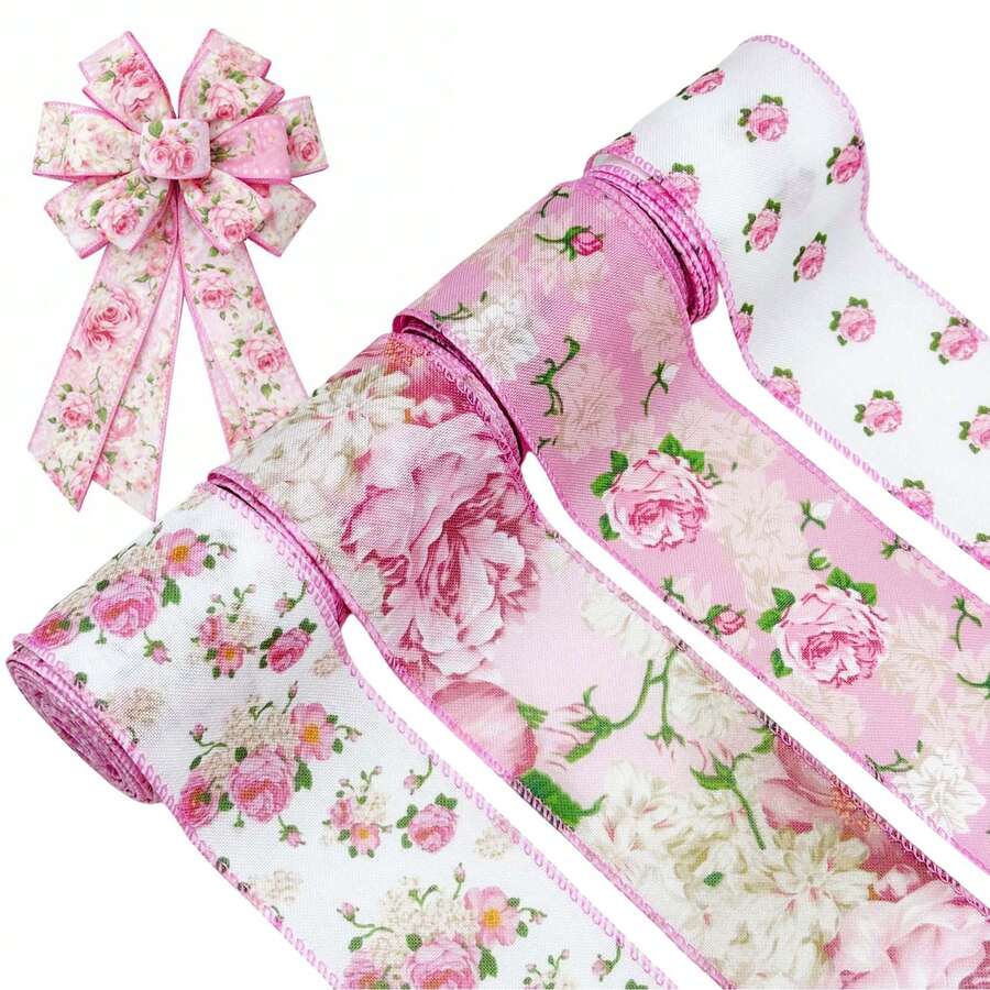 4 Rolls Pink Floral Decorative Ribbon Set - 2.5 Inches Wide, 20 Yards Total Length - Pink & White Vintage Rose Pattern Satin Ribbon, Suitable For Crafting, Spring & Floral Decor, Mother's Day Gift - Multicolor - View 1