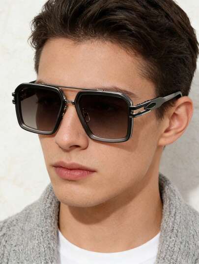 Fashion Oversized Square Double-Bridge Glasses- Aviator Frame, Multi-Color Lenses, Metal Frame Design, Couple/Unisex Hip-Hop Street Style