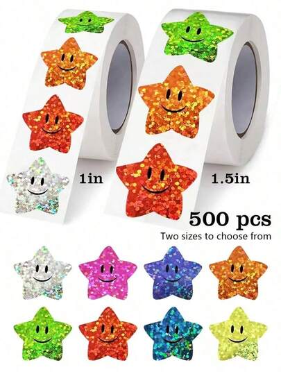 500pcs/Roll Shiny Foil Star Stickers, 8 Colors, Suitable For Students, Planner, School Classroom, Teachers Reward, DIY Decoration, Self-Adhesive Back To School