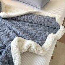 1 Sherpa Wool Blanket 90*90 Queen - 3D Jacquard Cotton Flannel, Warm And Comfortable, Suitable For Naps, Office Use, Camping, And Sofa Use - Multi-Purpose Polyester Fiber Bedspread - 霧霾藍 - 查看 7