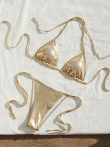 两件套女士性感吊带高弹力比基尼套装，侧系带下装，适合休闲沙滩装和夏季度假穿着 - 香檳色 - 查看 5