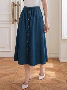Chân váy denim ngắn dáng suông, túi xéo, trang trí cúc trơn, kiểu dáng thường ngày, đa năng. - Màu xanh lam - Xem 3
