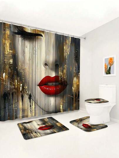 1/4 件装都市艺术风格红色嘴唇印花防水浴帘，挂毯，防滑浴室垫，U型马桶垫，现代家居装饰，带12个挂钩，涤纶面料，可机洗，适用于酒店、公寓、浴室装饰，是馈赠亲友的绝佳礼物，四季皆宜。