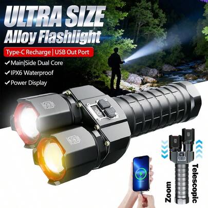 1pc Professional Telescopic Focus Flashlight - White & Warm Light Colors USB/Type-C Port Digital Battery Alloy Material Extreme Brightness
