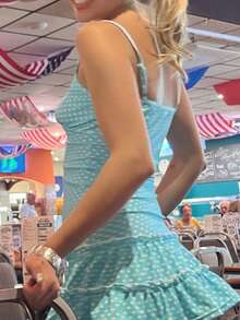 Women Y2k Mini Dress Fairy Grunge Lace Trim Sleeveless Spaghetti Strap Cami Dress Striped/Polka Dot Print Ruffle Hem Slim Fit Short Dress Going Out Dress Summer Beach Vacation Dress For Teen Girls Streetwear Aesthetic Clothes - 淺藍色 - 查看 4