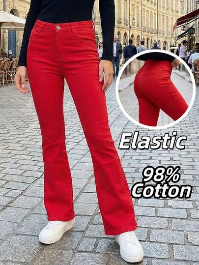 Women's Elastic Flared Jeans, Red Denim Pants, Zipper & Button Closure, Pockets, Casual Wear For All Seasons | Flare Jeans | 98% Cotton, Full Length, New Year Vibe Spring