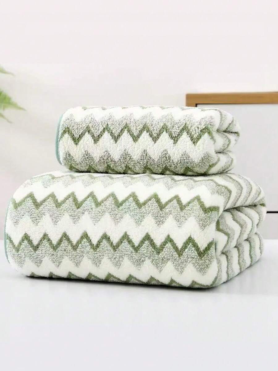 Coral Fleece Striped Simple Soft Absorbent Bath Towel/Hand Towel For Home Use Bathroom Decor - Green - View 1