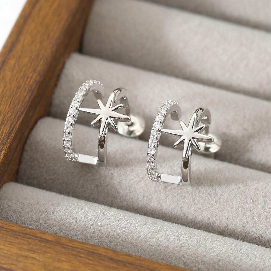 1 Pair Silver Tone Asymmetric Double-Layer C-Hoop Stud Earrings With CZ & Starburst - C-shaped Earrings - View 1