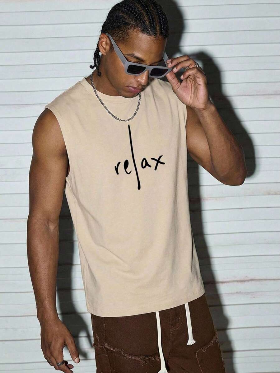 Modcrash Men's Summer Letter Print Crew Neck Casual Tank Top Spring To Summer - Apricot - View 1