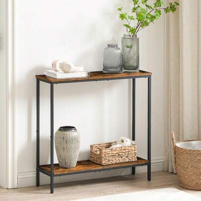 Tavolino consolle stretto con ripiano, 75 x 22 x 75 cm, tavolino laterale, tavolino da ingresso, tavolino espositivo piccolo, tavolino da divano per piccoli spazi, per ingresso, corridoio, marrone scuro-nero