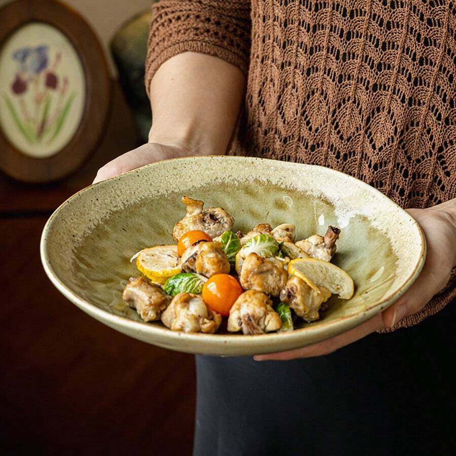 1pc Ceramic Irregular Shaped Salad/Dinner Plate, 9 Inches - Mustard Yellow - View 1