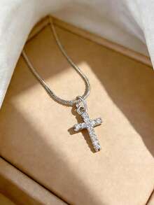 1 pieza Collar con colgante de cruz de circonita cúbica mini con cadena ajustable en tono dorado, joyería de acero de titanio, regalo para el Día de San Valentín, Día de la Madre - Cruz - Ver 2