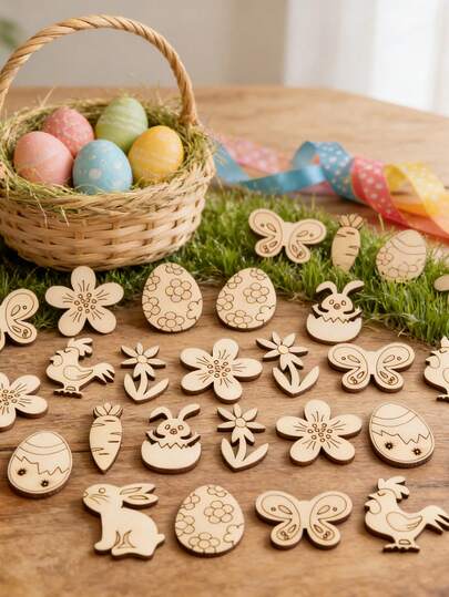 100/50pcs Easter Wood Shavings Set, Cartoon Rabbit, Eggs & Floral Patterns, Easter Desktop Decor, DIY Home Decor Wood Shavings, Party Decorations, Holiday Home Decor, Suitable For Easter Decoration, DIY Wood Shavings, Holiday Home Decor, Easter Desktop Ornaments