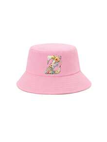 1顶女童粉色花卉字母图案渔夫帽，26个字母个性化时尚款，复古优雅轻便防晒，适合生日、节日、返校、四季休闲、户外、日常佩戴 - 粉色 - 查看 71