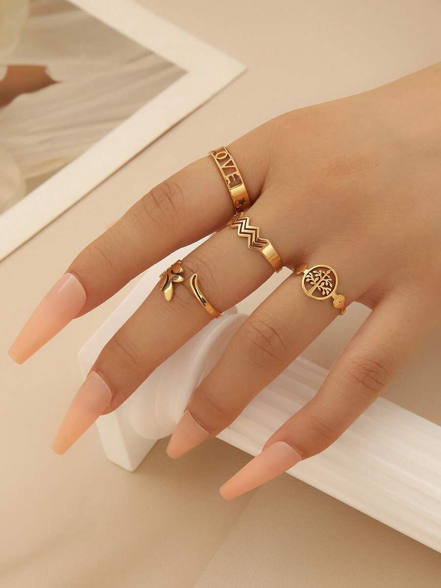4 Stücke/5 Stücke Set minimalistische Mode kühler Ton Landschaft Edelstahl vergoldeter Liebesblatt offener Ring Set, geeignet für Damen Alltag, Festivals, Partys oder als Geburtstags-, Valentinstags-Geschenk - Gold - Übersicht 1