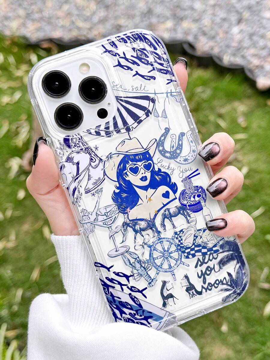 1个复古美式西部牛仔女郎马蹄铁舵仙人掌图案防滑透明气垫软手机壳，兼容 11/12/13/14/15/16/17 Pro Max - 彩色 - 查看 1