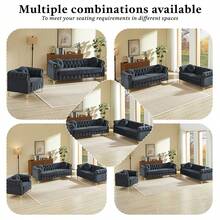Modern Velvet Chesterfield Modular Sofa Couch Set With Tufted Button Back, Copper Stud Trim, Metal Legs & Decorative Armrest Rings, Spring Cushion Living Room Sofa, Single Seat, Loveseat & 3 Seater Upholstered Couch For Home Apartment - 黑色 - 查看 6