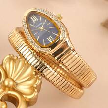 Vintage Mechanical Snake Design Bracelet Watch, European Style Oval Dial Wristwatch With Rhinestones, Stainless Steel Band Unisex Watch - 金,綠錶盤 - 查看 10