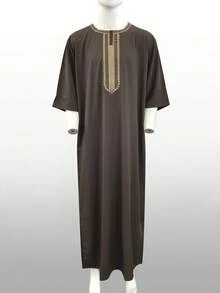 Bata bordada para hombres en Eid, Gandoura de unicolor para hombres, Bata tradicional Gandoura para hombres con bolsillos - Marrón - Ver 4