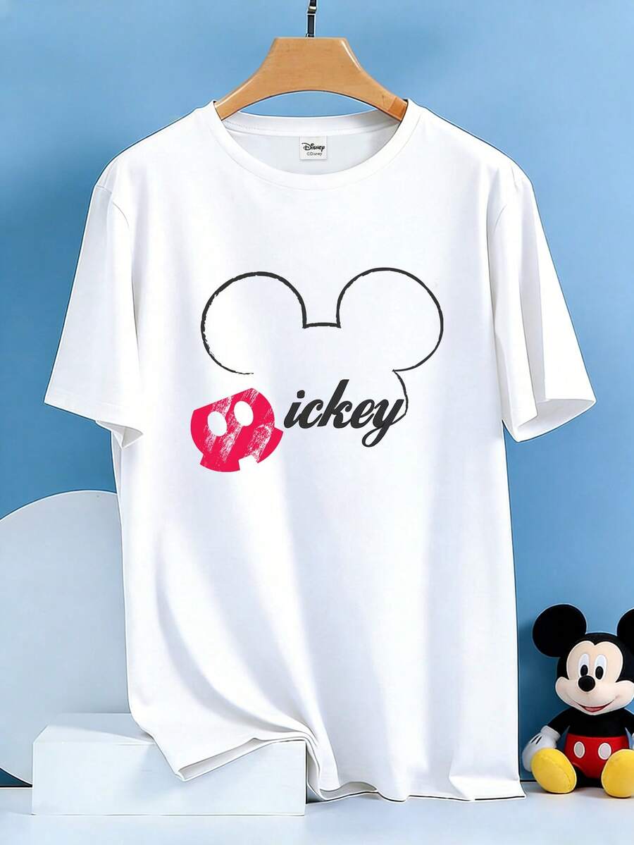 Disney Mickey Mouse Half Face Graphic Distressed Short Sleeve T-Shirt, Casual Streetwear Style Suitable For Daily Wear, Beach Vacation, Men's Fashion, And Carnival Events - White - View 1