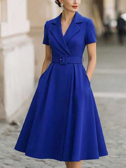 Vestido de verano azul elegante y minimalista para mujer de Vusalt, con cuello de camisa de manga corta, diseño de cintura ceñida, silueta acampanada, adecuado para el trayecto diario, uso en la oficina, ocasiones formales, atuendo del Día de San Valentín, vestido de invitada de boda, vestido elegante, vestido casual, vestido de cumpleaños, vestido para exteriores