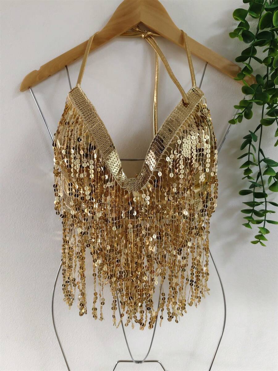 Top cropped com lantejoulas em relevo - Ouro 2 - Visão 1