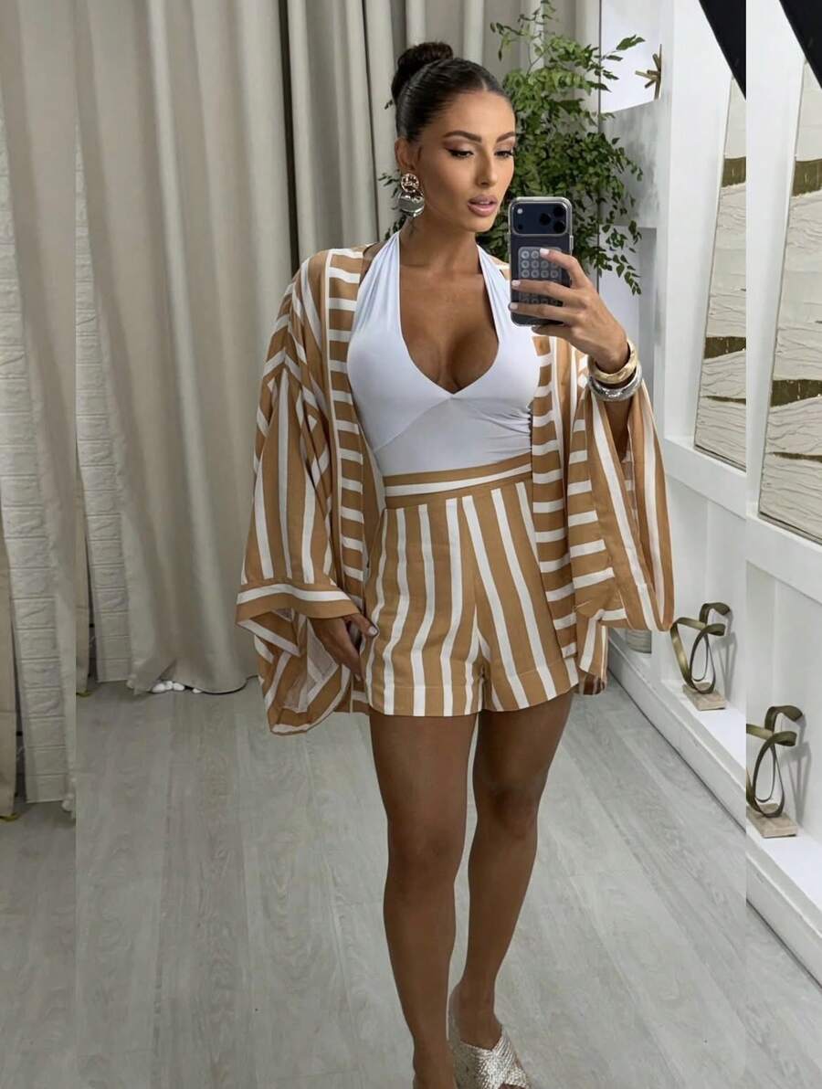 Women's Kimono And Shorts Set - Mocha Brown - View 1