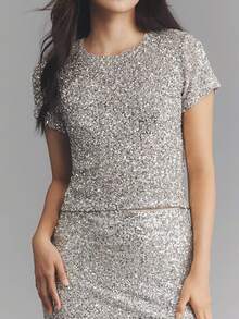 Womens Summer Fashion Sequin Top Solid Color Short Sleeve Crew Neck T-Shirt Clubwear For Party Holiday - 銀色 - 查看 3
