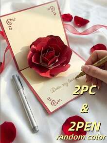 1张3D玫瑰贺卡，情人节礼物 - 浪漫手工周年纪念卡，送给妻子、女友、她 - “我爱你”生日卡，附信封 - 彩色 - 查看 13