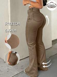 GILIPUR 新款Y2K风格女式喇叭牛仔裤，纯色高腰修身弹力款，适合返校、新年、春节、街头风、2000年代时尚、秋季、复古风和休闲外出穿着。 - 卡其色 - 查看 7