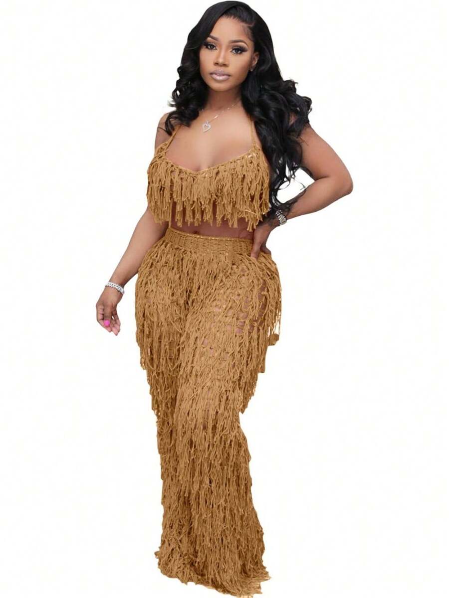 Dopamine Stunning Fashion Slimming Street Party Daily Commuting Sexy Perspective Knitted Hand Hook Fringe Beach Set - 卡其色 - 查看 1