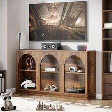 LITTLE TREE Media Console With Storage Cabinets, Farmhouse TV Stand For 65 Inch TVs, Rustic Brown Entertainment Center For Living Room - Brown - View 3
