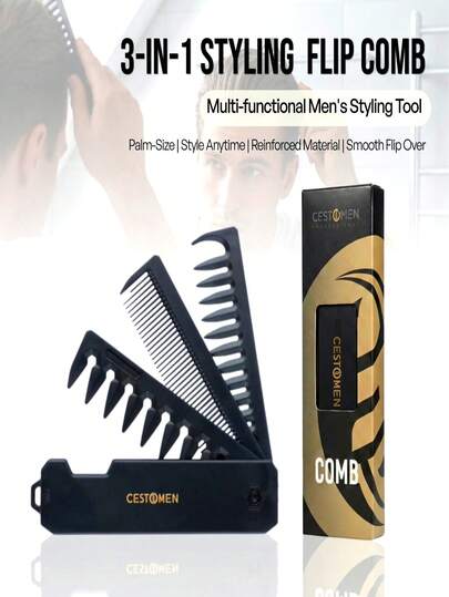 一款全新男女通用便携式折叠梳，配有可互换的三齿梳齿，轻巧便携，适用于胡须造型和油性头发造型，宽窄梳齿可打造顺直秀发，多功能美发梳，可用于剪发、修剪胡须和鬓角，时尚尼龙材质设计。
