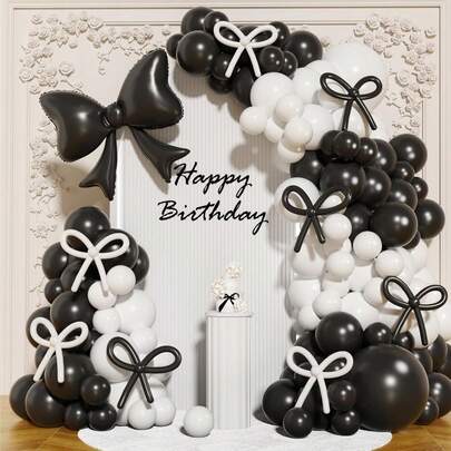106pcs Black And White Bow-Themed Balloon Arch Set, Includes Bow Foil Balloons, As Well As Black, White, And Long Latex Balloons. It's Perfect For Birthday Parties, Engagement Parties, Bridal Showers, Wedding Decorations, Bachelor/Bachelorette Parties, Prom Decorations, And Bow-Themed Party Decorations.