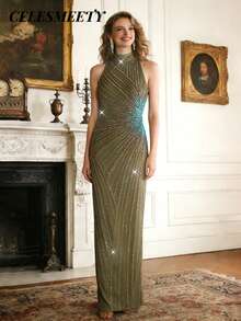 Elegante vestido de noche de sirena con lentejuelas y espalda descubierta, color negro, vestido formal para invitados de boda, adecuado para cena de gala, primavera - Verde Oliva - Ver 5