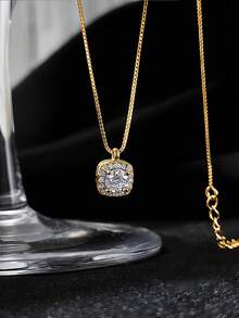 1 Peça Colar Colar Cúbico de Zircônia Minimalista Quadrado de Prata 925, Hipoalergênico, Presente de Jóia Fofo e Divertido para Menina, Adequado para Aniversário/Aniversário - quadrado - Visão 14