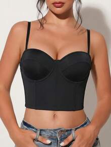 Women's Strapless Bandeau Crop Top - Detachable Straps, Suitable For Vacation Wear - Black - View 2
