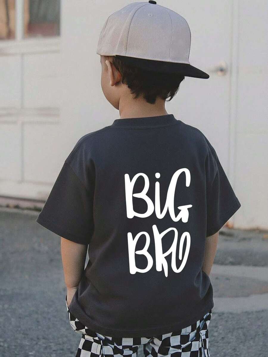 男童休闲印花圆领短袖T恤，夏季上衣 - 深灰色 - 查看 1