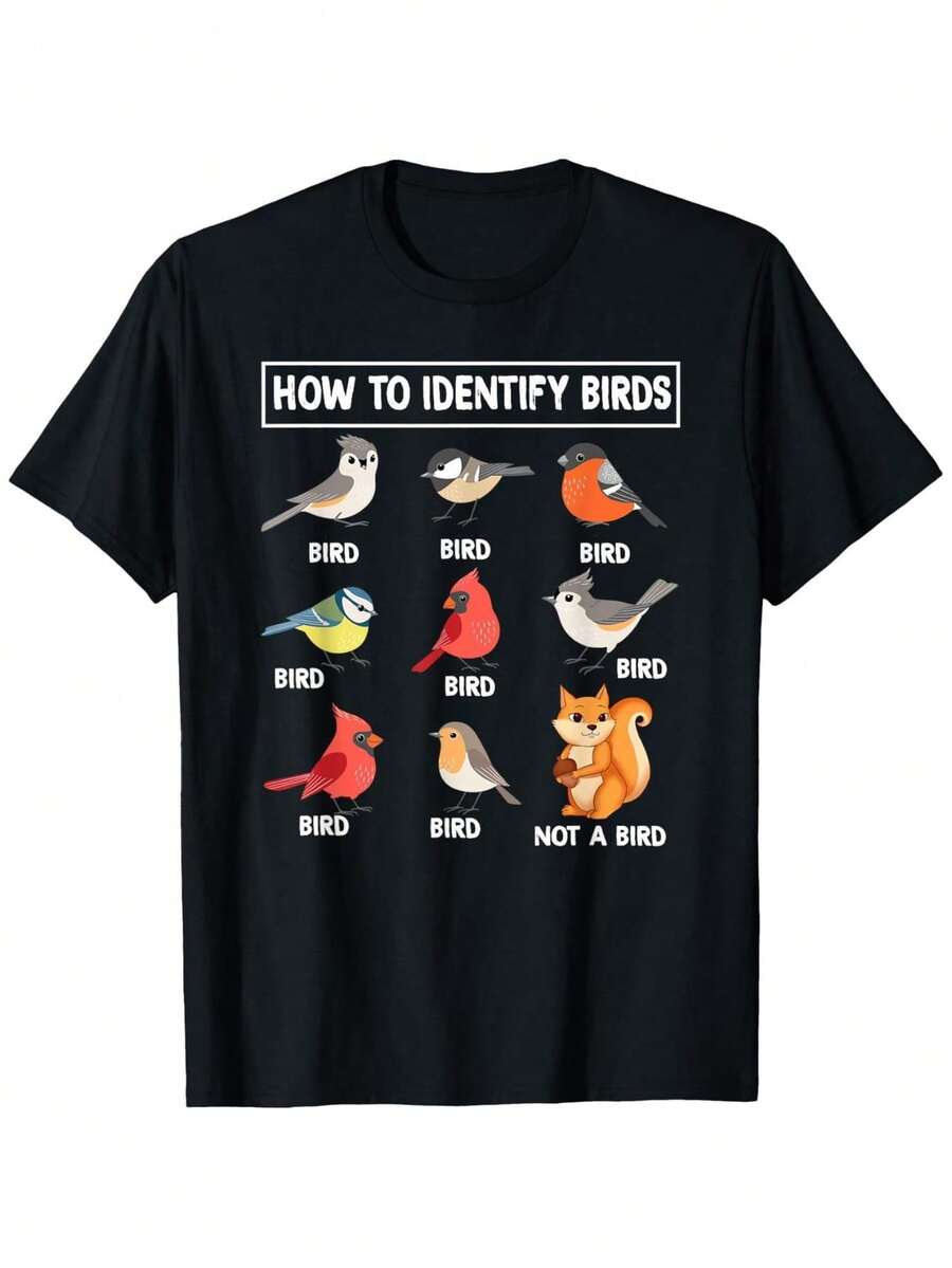 Men'S Funny Bird Identification Chart-Shirt - How To Identify Birds With Labeled Species (Hummingbird, Robin, Finch, Sparrow, Cardinal, Jay, Not A Bird) - Ultra-Soft Breathable-Wicking Crew Neck Tee Birdwatching - 黑色 - 查看 1