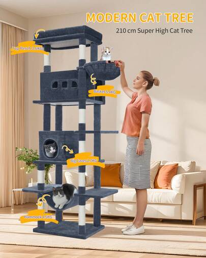 Hzuaneri 210 Cm Large Cat Tower For Indoor Cats,Cat Tree, Multi-Level Cat House With Condo, 8 Scratching Posts, Hammock