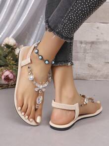 Rhinestone Embellished Flat Sandals, Suitable For Summer Dresses, Beach And Roman Style - Off White - View 4