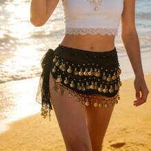 1件肚皮舞臀巾，甜美肚皮舞裙摆装饰金币，埃及风肚皮舞服饰臀巾腰带，女士雪纺肚皮舞围巾，适合瑜伽、尊巴、肚皮舞，女士肚皮舞臀巾，流苏裙，亮片迷你裙 | 全息流苏裙 - 女士牛仔套装 | 沙滩装、嘉年华、派对 - 彩色 - 查看 5