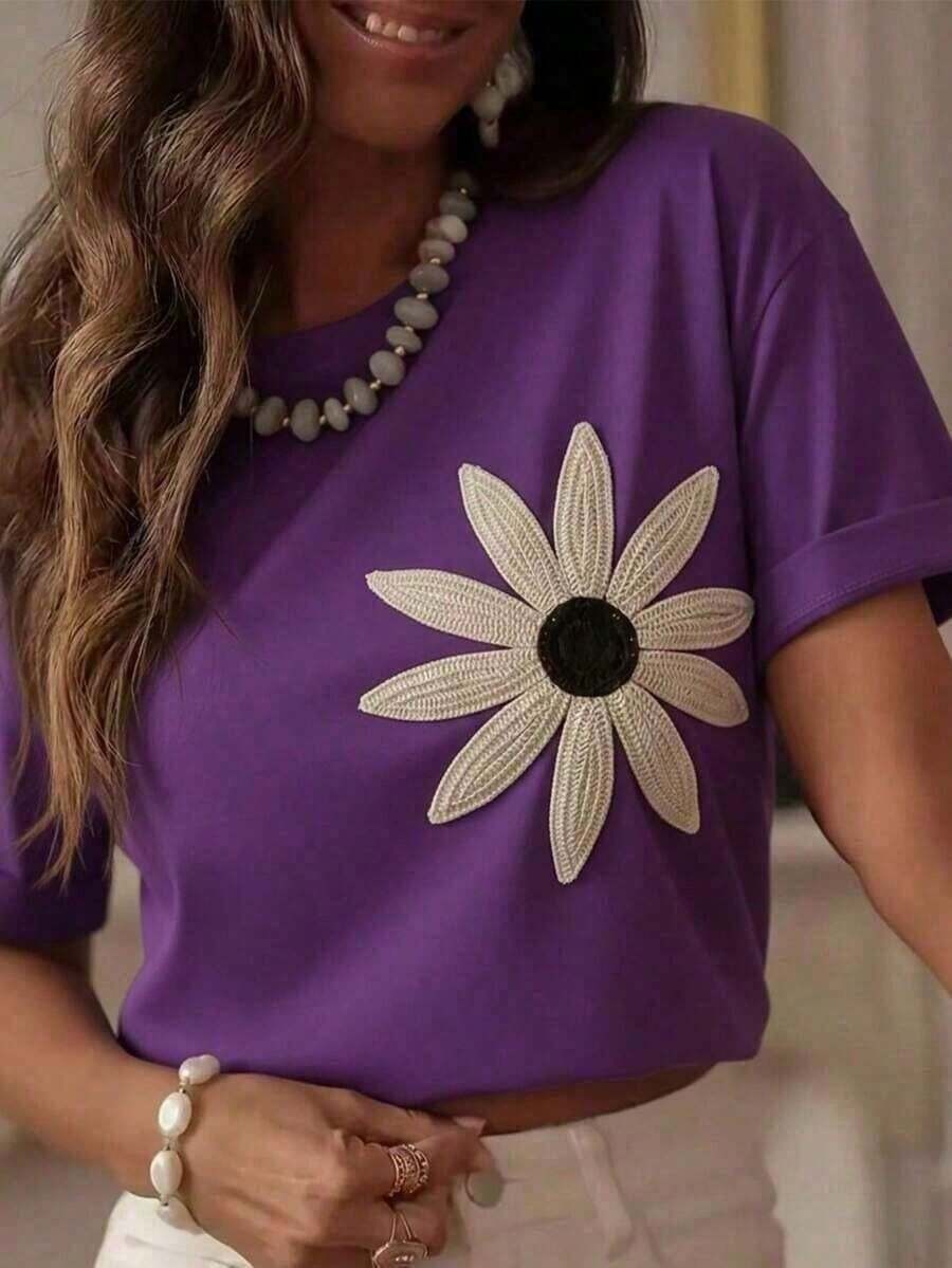 Stylish Women's T-Shirt With Daisy Print - New Release - 100% Cotton - 紫色 - 查看 1