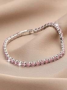 2 peças/1 conjunto Pulseiras de Corrente de Tênis de Zircônia Cúbica Rosa Requintada para Presentes de Aniversário, Festival e Decoração Diária de Joias de Cobre para Adolescentes - Pulseira - Visão 3