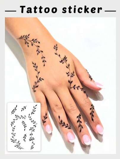 1张时尚防水黑色藤蔓临时纹身贴纸，防汗持久，可用于装饰手部、手腕、手指，独特清新草本风格贴纸