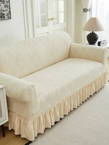 1 pieza Funda de sofá elástica con volantes de jacquard de felpa, con estampado de hojas, a prueba de polvo y suciedad, ajuste perfecto, protector de sofá para decoración de sala de estar, lavable a máquina - Beis - Ver 6