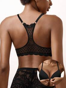 Women's Black Lace Front-Closure Bra - Sexy Racerback Push Up Design - Black - View 1